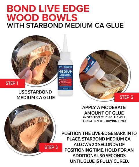 Top Shelf Medium CA Super Glue Refill Kit With 16 Oz Bulk Jug Extra Craft Bottles used to bond live edge wood bowls.