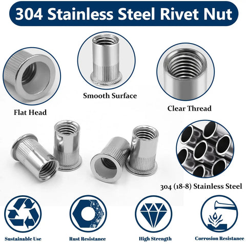 Beefy Stainless Steel Rivet Nut Assortment Kit 220 Pieces showing flat head and smooth surface features