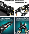 Close-up of multifunctional wire cutter and stripper 9-in-1 tool showing uses for stripping, cutting, crimping, and cable work.