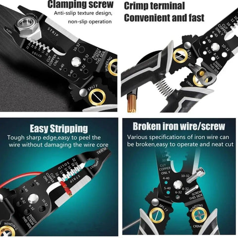 Close-up of multifunctional wire cutter and stripper 9-in-1 tool showing uses for stripping, cutting, crimping, and cable work.