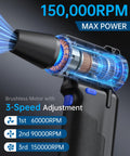 Cordless Air Duster With LED Light And 150000 RPM Brushless Motor showing internal structure and power levels