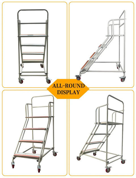 Smooth Rollin Heavy Duty 4 Step Ladder With Ball Bearing Caster Wheels Industrial Shop Platform Cold Rolled Steel Body Holds Up To A Solid 445 Pounds For Garage Or Warehouse Projects