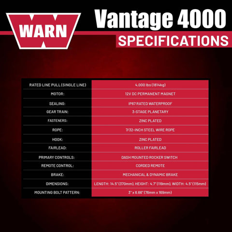 Vantage 4000 12V DC Electric Winch for ATV UTV Side By Side With 55 Ft Aircraft Grade Wire Rope And Roller Fairlead For Off Road Recovery And Heavy Duty Tasks, specifications chart
