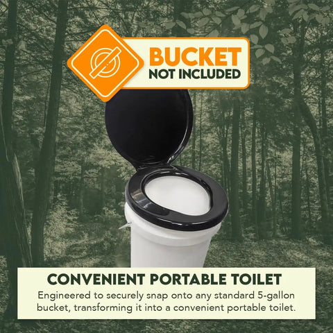 Top Rated Black Plastic Toilet Seat Lid Snaps Straight Onto Any Standard Five Gallon Bucket for convenient camp toilet use.