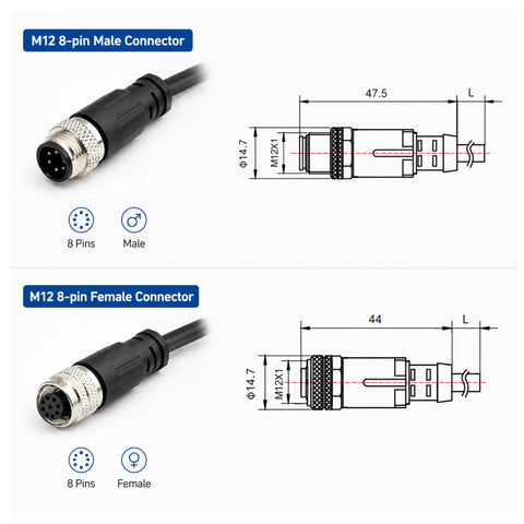 M12 8 Pin A Coded Male To Female Extension Cable Five Meter with connectors, showing dimensions and pin details.