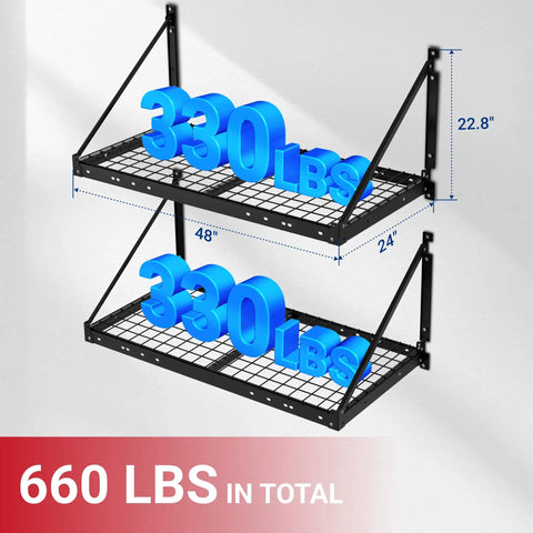 2x4 Ft Wall Mount Garage Storage Shelves 2 Pack Black Heavy Duty Steel Rack 330 Lb Per Shelf 660 Lb Total Load Triangular Brace Design For Stable Wall Organization Of Bins Tools Gear, 48x24 in
