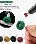 Buffing wheel set for rotary tools; 100-pack abrasive polishing discs in assorted grits for metal polishing.