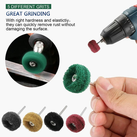 Buffing wheel set for rotary tools; 100-pack abrasive polishing discs in assorted grits for metal polishing.