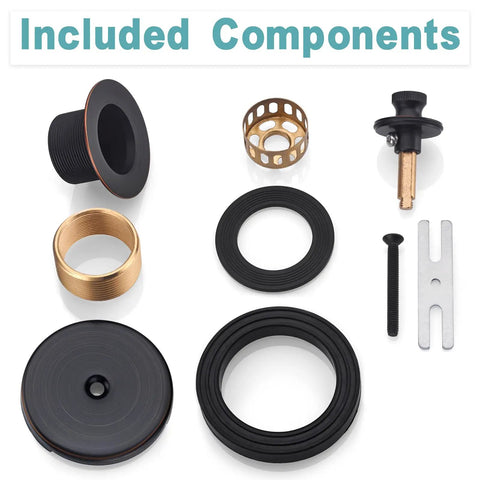 Included components of Oil Rubbed Bronze Bathtub Drain Kit with Lift and Turn Stopper and Overflow Faceplate.