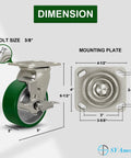 Heavy Duty 5 Inch By 2 Inch Caster Wheels Set Of 4 With Polyurethane On Aluminum Wheels Swivel Casters With Top Lock Brakes For Easy Locking And Maneuverability 4400 Lbs Load Capacity When Used As A Set Green, shown with dimensions and mounting plate view