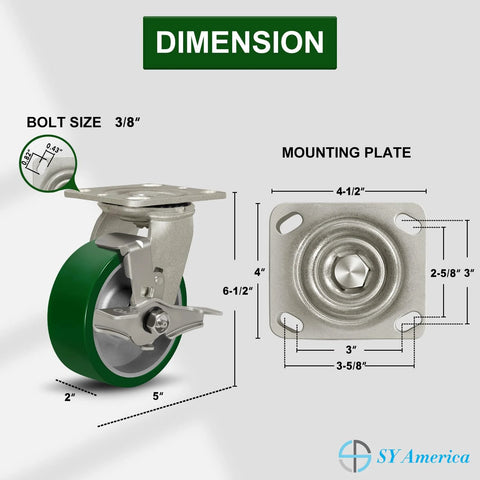 Heavy Duty 5 Inch By 2 Inch Caster Wheels Set Of 4 With Polyurethane On Aluminum Wheels Swivel Casters With Top Lock Brakes For Easy Locking And Maneuverability 4400 Lbs Load Capacity When Used As A Set Green, shown with dimensions and mounting plate view