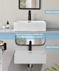 Large White Ceramic Vessel Sink 20x16.5 Inch Wall Mount With Pop Up Drain Kit, dual installation above counter and wall mounted.