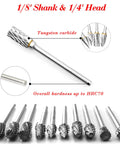 Front view of BIGOU carbide rotary burr set, 10 pcs, tungsten carbide, 1/8in shank, 1/4in head for carving and polishing