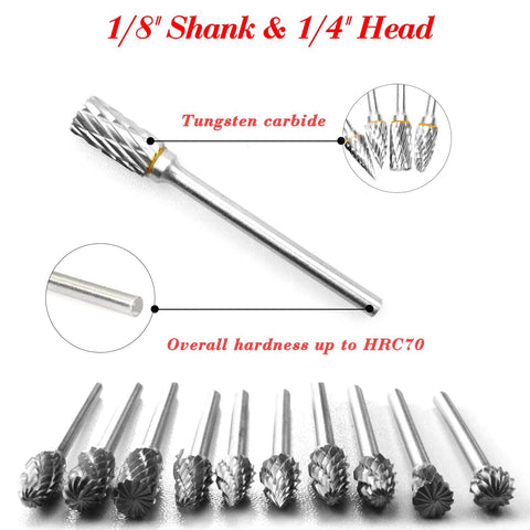 Front view of BIGOU carbide rotary burr set, 10 pcs, tungsten carbide, 1/8in shank, 1/4in head for carving and polishing