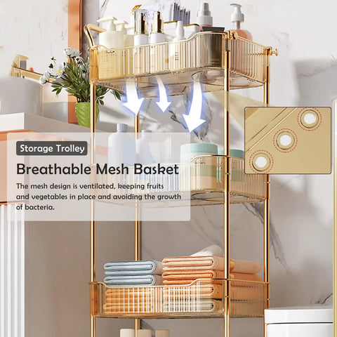 Sleek Clear Acrylic 2 Tier Rolling Utility Cart With Sturdy Handle And Smooth Lockable Wheels Compact Storage Trolley For Kitchen Bathroom Tight Spaces Easy Clutter Control Game Changer with breathable mesh baskets.