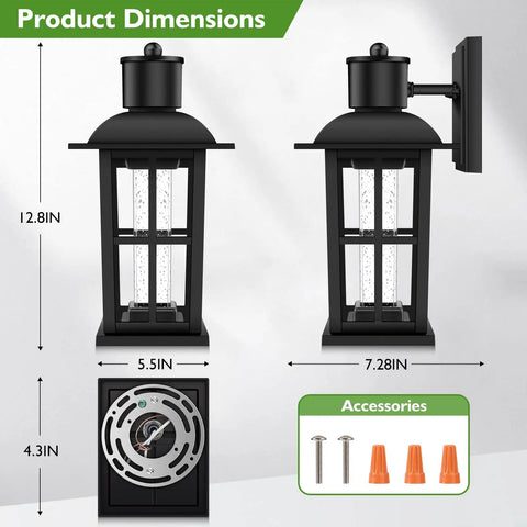 Crystal Bubble Glass Outdoor Wall Lanterns 2 Pack with dimensions and installation accessories shown.