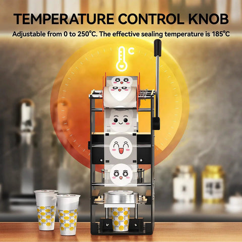 Heavy Duty Commercial Cup Sealer With Simple Dial Temp Control That Cranks Out 300 To 500 Cups An Hour, showcasing temperature control and cups.