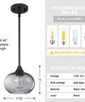 2 Pack 7.7 Inch Black Brownish Grey Seeded Glass Pendant Lights For Kitchen Island And Dining Area Over Sink, Indoor Ceiling Light Fixtures With Black Finish, Modern Farmhouse Style For Warm Ambience And Everyday Task Lighting, showing adjustable rod and recommended bulbs.