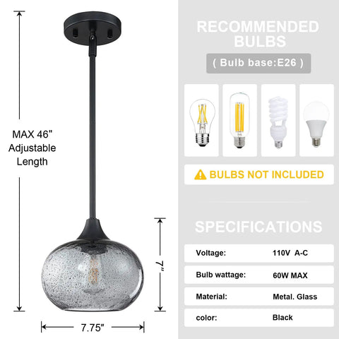 2 Pack 7.7 Inch Black Brownish Grey Seeded Glass Pendant Lights For Kitchen Island And Dining Area Over Sink, Indoor Ceiling Light Fixtures With Black Finish, Modern Farmhouse Style For Warm Ambience And Everyday Task Lighting, showing adjustable rod and recommended bulbs.