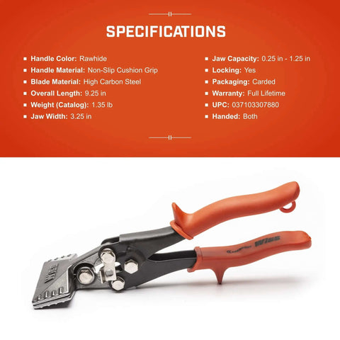 Three Inch Straight Handle Hand Seamer WS3N Pro Grade Metal Bender with non-slip grips displayed with specifications