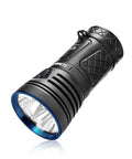 Beast Mode 18,000 Lumen Tactical Flashlight With 3 XHP70.2 LEDs, 725 Meter Throw, Waterproof IPX Rated in black with blue accents