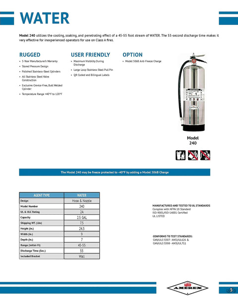 Heavy Duty Stored Pressure Water Fire Extinguisher Two Point Five Gallon For Class A Fires With 55 Second Discharge