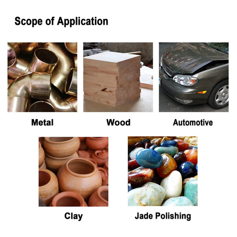 Image showing applications of Huge 50 Sheet Sandpaper Pack 9 By 11 Inch Sheets With Assorted Grit 80 120 150 220 320 Aluminum Oxide for metal, wood, automotive, clay, jade polishing.