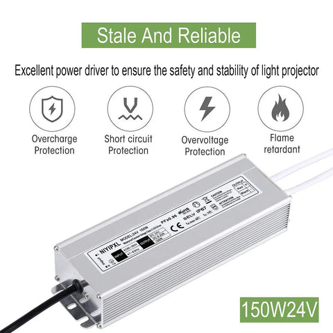 Rugged 150W 24V DC LED Driver with IP67 waterproof power supply shown with overcharge, short circuit, and overvoltage protection.