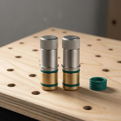 Self-Locking Table Stop Set For Workbench Holes on wooden surface, showcasing cylindrical design with knurled top and green rings