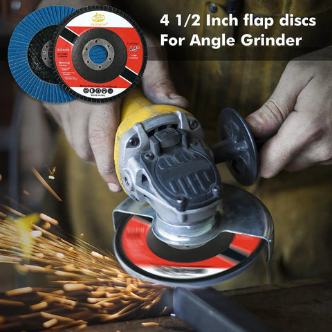 Pro Grade Metal Prep Kit for Angle Grinder With 25 Pack Strip and Flap Disc Set demonstrating disc in use with sparks