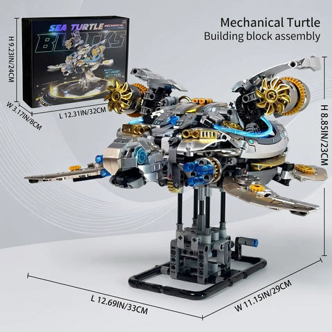 Mechanical Sea Turtle Gear Driven Model Kit With 1277 Pieces, steampunk build on display stand with box, 33cm long
