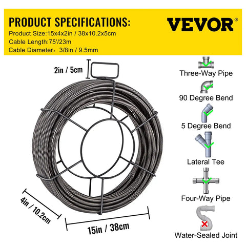 Heavy Duty Pro Grade Drain Cleaning Cable 75ft 3 8 Inch Solid Core Sewer Snake For 2 To 4 Inch Pipes with product specifications
