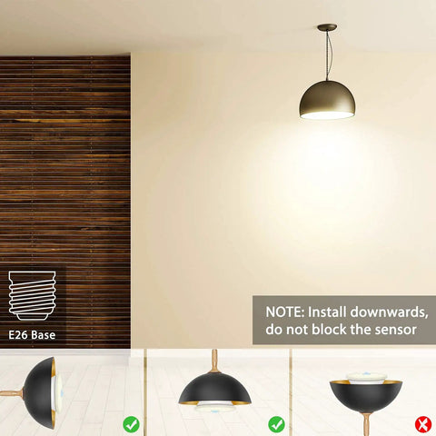 PAR38 LED bulb with motion sensor E26 base installed in a pendant light, showing correct downward placement