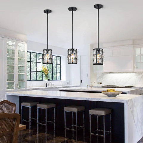 Modern Crystal Pendant Lights 3 Pack Matte Black Finish Hanging Fixtures With Clear Faceted Crystals For Living Room Kitchen And Hallway Totally Chic Contemporary Chandelier Lighting Set in kitchen view