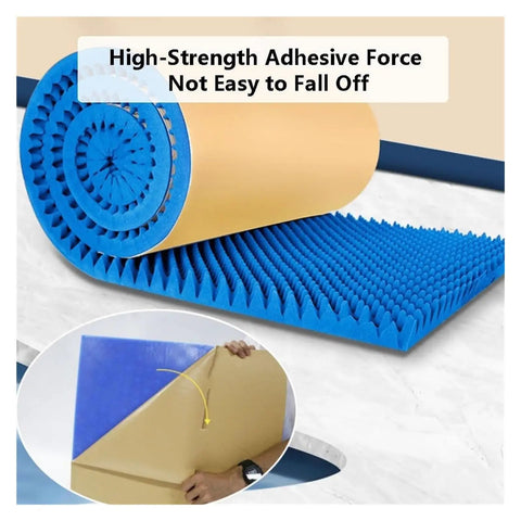 Top Shelf Self Adhesive Soundproofing Foam Acoustic Panels 5Cm Thick Flame Retardant Polyurethane Egg Crate Noise Reduction Mat For Studio Walls Heavy Duty Build Hits Different In Black, showing blue foam roll with strong adhesive.