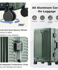 All Aluminum Carry On Luggage Airline Approved 20 Inch Hardside Spinner With Cup Holder And USB Charger TSA Lock Front Pocket Durable Suitcase For Women And Men Dark Green 22x14x9, showing side view and TSA lock details.