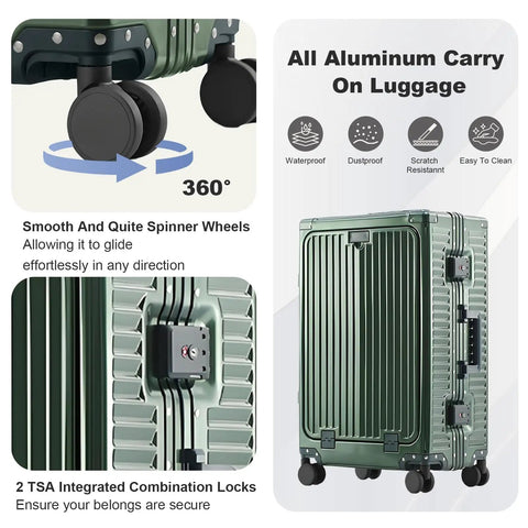 All Aluminum Carry On Luggage Airline Approved 20 Inch Hardside Spinner With Cup Holder And USB Charger TSA Lock Front Pocket Durable Suitcase For Women And Men Dark Green 22x14x9, showing side view and TSA lock details.