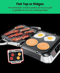 Chefman 5-in-1 Digital Panini Press Grill And Sandwich Maker showing flat and ridged cooking plates with eggs, pancakes, and meats.