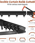 10-Foot Flexible Black Curtain Track System With Bendable Curved Rail For Ceiling Or Wall Mount, Sliding Track For Bay Window RV Room Dividers, Includes Brackets And Easy Fuss Installation. black flexible curtain track with hooks, bendable rail, and saw for curved or straight layouts