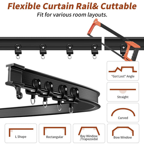 10-Foot Flexible Black Curtain Track System With Bendable Curved Rail For Ceiling Or Wall Mount, Sliding Track For Bay Window RV Room Dividers, Includes Brackets And Easy Fuss Installation. black flexible curtain track with hooks, bendable rail, and saw for curved or straight layouts