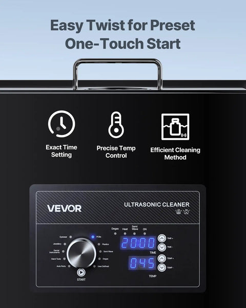 Control panel of Pro Grade 30 Liter Ultrasonic Cleaner With 40 Khz Waves And Degassing Mode showing time and temperature settings.
