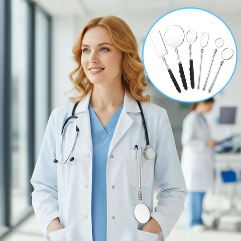 Six Piece Telescoping Inspection Mirror Set With 360 Degree Rotating Heads Retractable Long Handles Dope For Cars Tight Corners Under Dash Home Repairs And Makeup Touchups displayed next to medical professional.