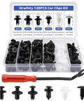 Hella Sturdy Auto Bumper Clip Kit With 120 Pieces In Six Essential Sizes Includes Bonus Fastener Puller Tool arranged in a clear storage box.
