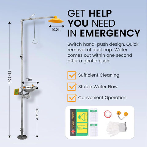 Stainless Steel Emergency Eye Wash Station With Integrated Shower Kit shown with dimensions and safety features for jobsite first aid.