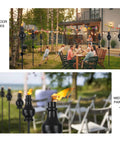 Outdoor view of Six Pack Metal Citronella Torches For Outdoor Use 60 Inch Black Garden Yard Lights set around patio party and gathering.