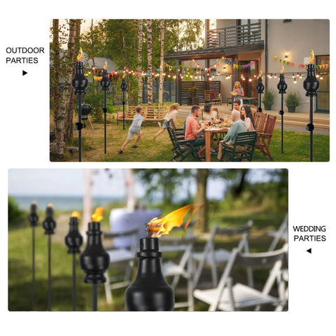 Outdoor view of Six Pack Metal Citronella Torches For Outdoor Use 60 Inch Black Garden Yard Lights set around patio party and gathering.