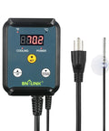 Front view of Digital Cooling Thermostat Controller With Temperature Controlled Outlet For Attic Fans And Exhaust Fans And Other Cooling Devices 40 To 108 Fahrenheit 8.3A 1000W Easy Plug And Play With LED Display showing LED display and plug