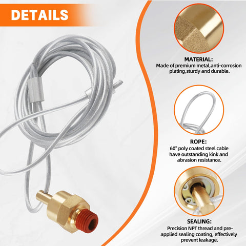 Air Tank Drain Valve Plug Fitting With Sixty Inch Cable Brass Construction Quarter Inch NPT, details image