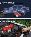 Beefy Dual Cylinder Tire Inflator Air Compressor 150 PSI 12V DC connected to car engine and 12V plug