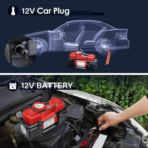 Beefy Dual Cylinder Tire Inflator Air Compressor 150 PSI 12V DC connected to car engine and 12V plug
